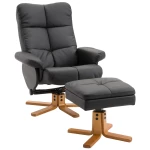 Fauteuil Met Kruk En Opbergruimte, Tv-stoel Met Ligfunctie, 360° Draaibare Stoel, PU Houten Frame, Zwart, 80 X 86 X 99 Cm