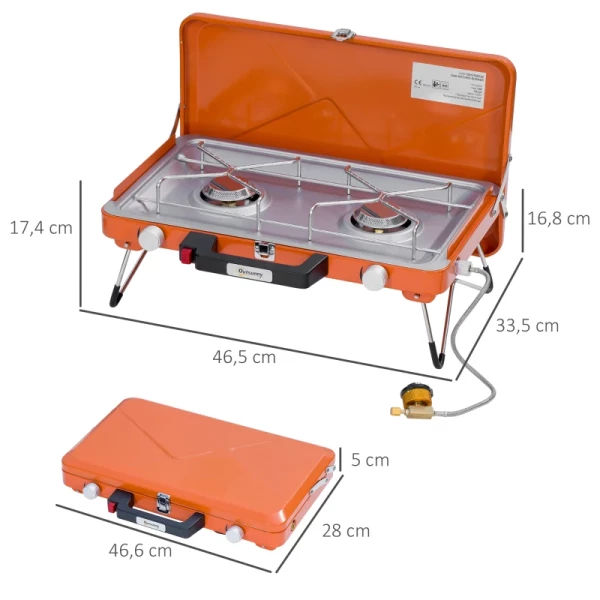  Gasbarbecue Campinggrill Twee Branders Deksel Inklapbare Poten Staal Oranje 46,5 X 33,5 X 17,4 Cm 3