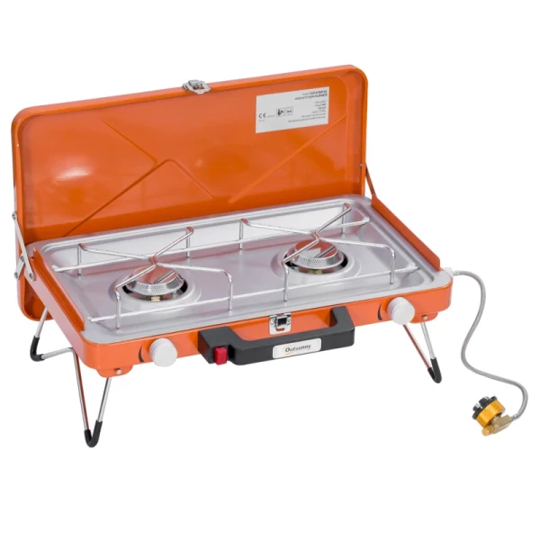 Gasbarbecue Campinggrill Twee Branders Deksel Inklapbare Poten Staal Oranje 46,5 X 33,5 X 17,4 Cm 1