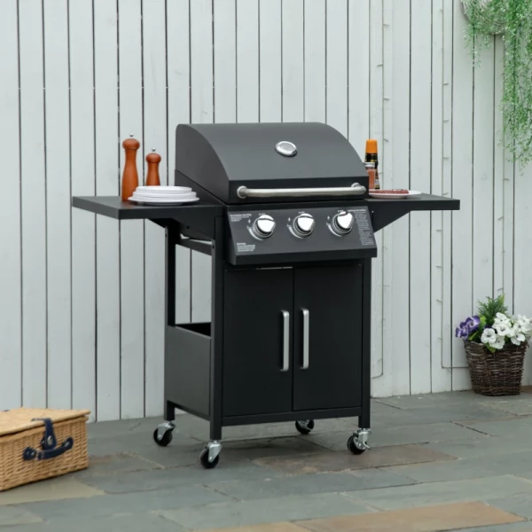  Gasgrill BBQ Met Elk 3 Branders 3 Kw Mobiele Grillwagen Met 4 Wielen Grillnet Bijzettafels Drukregelaar Slangen Kast Multifunctioneel Staal Zwart 121 X 55 X 109 Cm 2