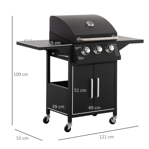  Gasgrill BBQ Met Elk 3 Branders 3 Kw Mobiele Grillwagen Met 4 Wielen Grillnet Bijzettafels Drukregelaar Slangen Kast Multifunctioneel Staal Zwart 121 X 55 X 109 Cm 3