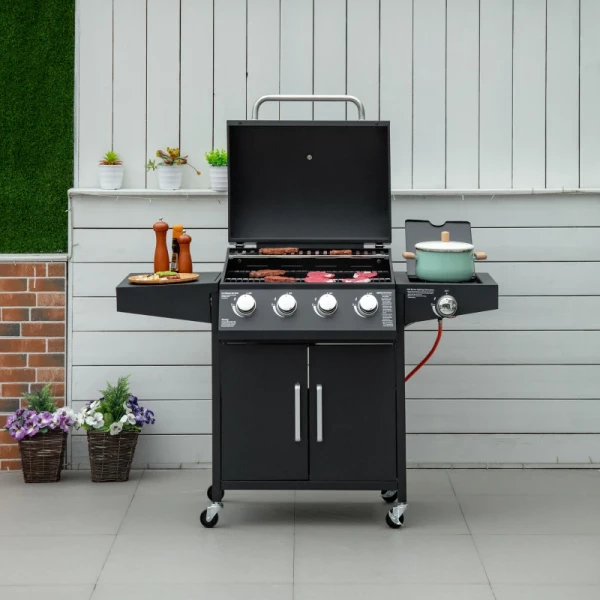  Gasgrill BBQ Met Elk 3 Branders 3 Kw Mobiele Grillwagen Met 4 Wielen Grillnet Bijzettafels Drukregelaar Slangen Kast Multifunctioneel Staal Zwart 132,4 Cm X 55 Cm X 109 Cm 2