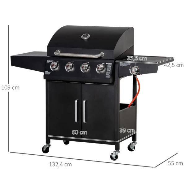  Gasgrill BBQ Met Elk 3 Branders 3 Kw Mobiele Grillwagen Met 4 Wielen Grillnet Bijzettafels Drukregelaar Slangen Kast Multifunctioneel Staal Zwart 132,4 Cm X 55 Cm X 109 Cm 3