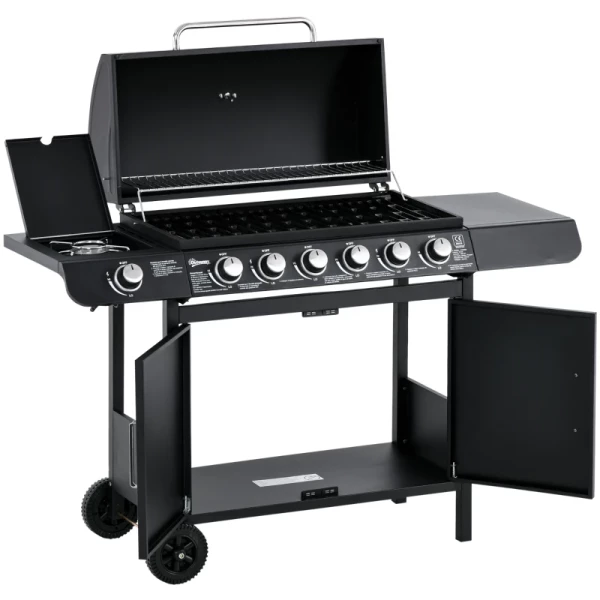 Gasgrill BBQ-trolley Met 6 Branders 1 Zijbranderkast Multifunctioneel Metaal Zwart 135 X 50 X 100 Cm 1