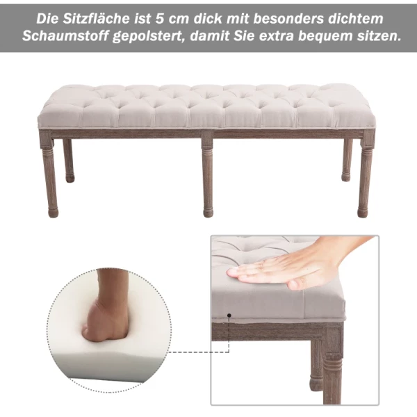  Gestoffeerde Zitbank Lounge Kruk Vintage Retro Met Knopen Linnen + Hout Beige 142 X 47 X 51 Cm 4