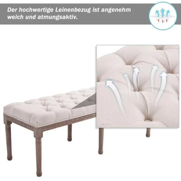  Gestoffeerde Zitbank Lounge Kruk Vintage Retro Met Knopen Linnen + Hout Beige 142 X 47 X 51 Cm 5