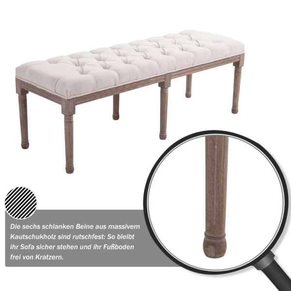  Gestoffeerde Zitbank Lounge Kruk Vintage Retro Met Knopen Linnen + Hout Beige 142 X 47 X 51 Cm 6