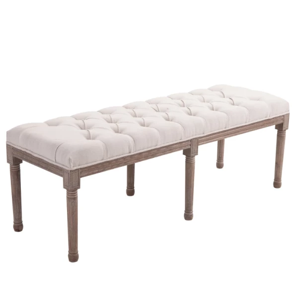 Gestoffeerde Zitbank Lounge Kruk Vintage Retro Met Knopen Linnen + Hout Beige 142 X 47 X 51 Cm 1