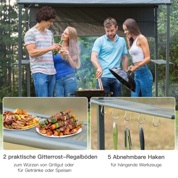 ® Grillpaviljoen BBQ-paviljoen Met 2 Planken Vlamvertragend Dak Polyester Zwart 3