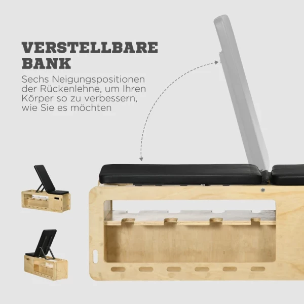  Halterbank Met Halterrek, 1 Opbergmand, Verstelbaar In 6 Posities, Massief Hout, Naturel + Zwart 5