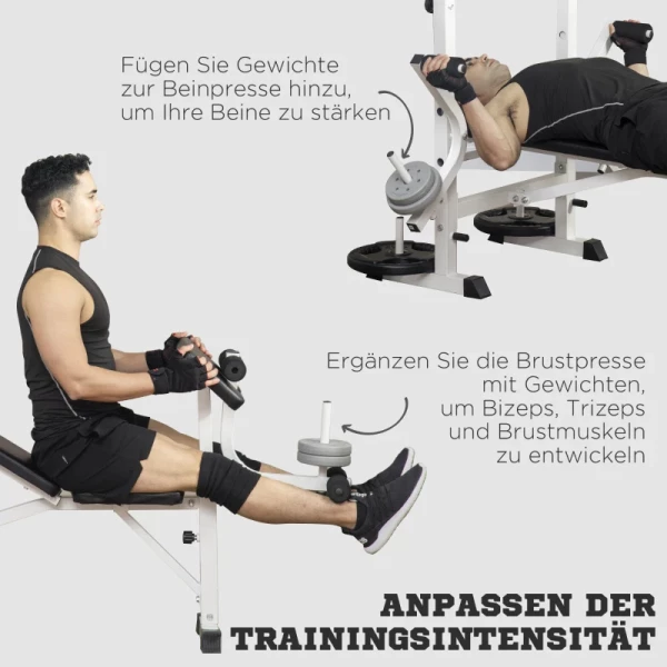 Halterbank Met Halterrek, Chest Press, Leg Press, Armleuning Voor Biceps Curls, Staal, Zwart En Wit 6