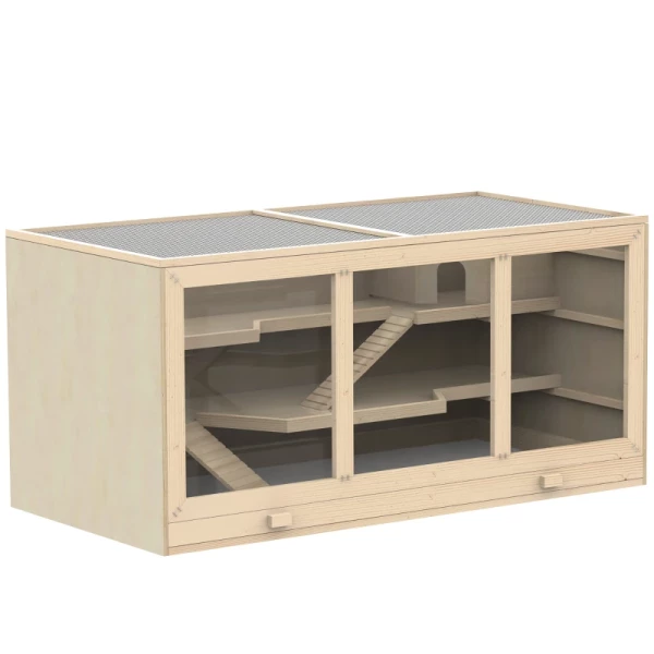 Hamsterkooi Knaagdierenkooi Kleindierenhok Van Hout Muizenkooi Met Trappen Kleinedierenkooi Knaagdierenvilla Drie Verdiepingen PVC Natuurlijk Hout 115 X 57 X 55 Cm 1