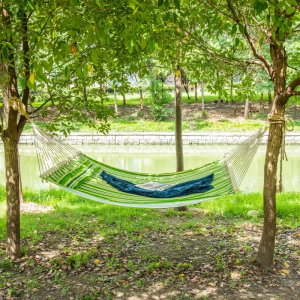  Hangmat Voor 2 Personen Met Kussens Outdoor Voor Op Reis Kamperen 240g/m² Katoen Draagvermogen Tot 180 Kg Groen Gestreept 188 X 140 Cm 10