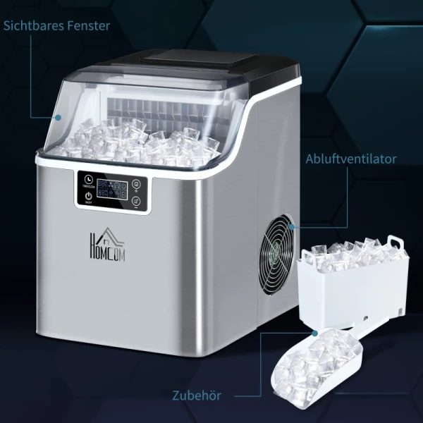  Ijsblokjesmachine 20 Kg/24u 2,3 ​​L Ijsblokjesmaker Met 3,2 L Watertank Display Ice Cube Maker Machine - IJsblokjesmaker Zelfreinigend Roestvrij Staal Zilver 25,2 X 36 X 37,1 Cm 5