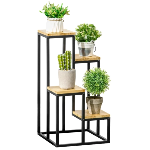 Industriële Plantenstandaard Met 4 Planken Bloemenstandaard 34cm X 34cm X 66cm Naturel + Zwart 1