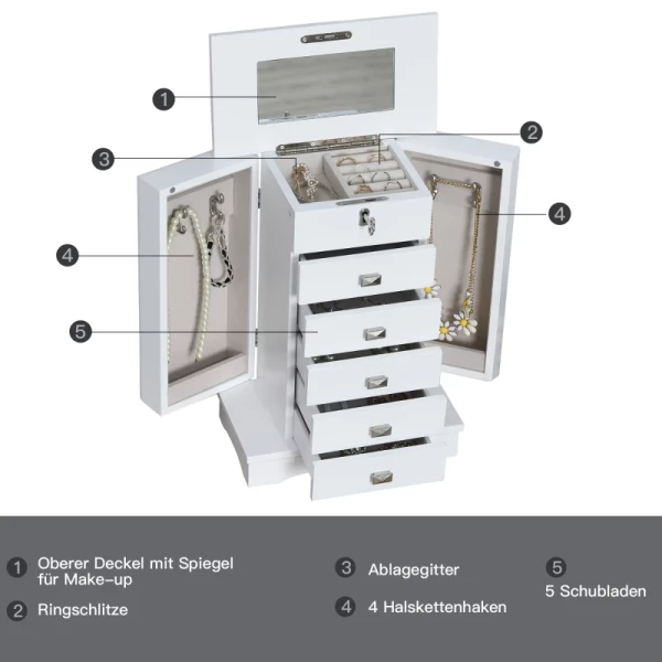  Juwelendoos, Juwelenkast, Juwelenladekast Met Spiegel, Opbergkast Met Laden, Juwelendoos Met Handvat, Wit, 25x14x34.5cm 4