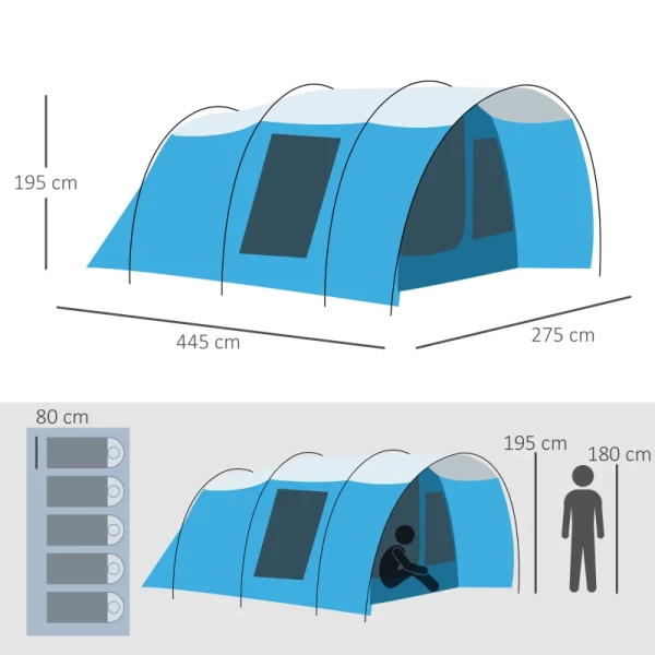  Kampeertent Voor 5 Personen, 2 Kamers, Uitneembare Tussenwand, Weerbestendig, Inclusief Transporttas, Blauw + Zwart 3