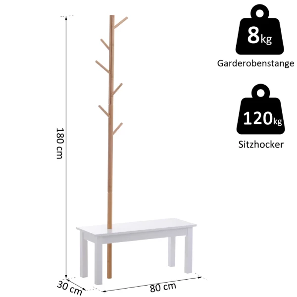  Kapstok Kapstok Kapstok Met Bankje Boomdesign Takken 6 Haken Entree MDF + Bamboe Wit + Naturel 80 X 30 X 180 Cm 3