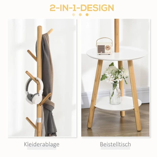  Kapstok Met Bijzettafel In Scandi Design, 5 Kapstokhaken, 39,5 Cm X 39,5 Cm X 171 Cm, Naturel + Wit 5