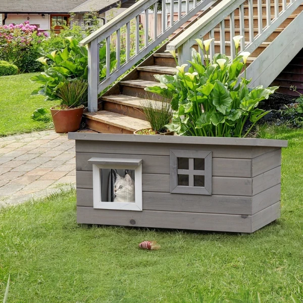  Kattenhuis Kattenhut Met Asfaltdak Kattengrot Klein Dierenhuis Met Raam Voor Katten Honden Buiten Winterklaar Dennenhout Grijs Zwart 87 X 52 X 48 Cm 2