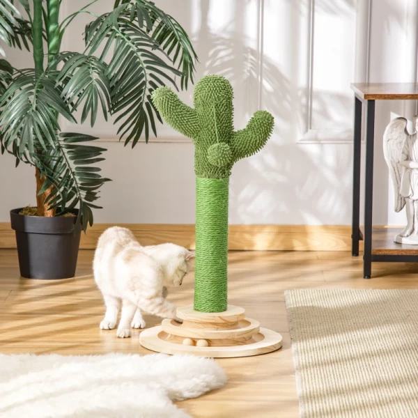  Kattenkrabpaal Cactus Krabpaal Dennenhout Sisal Touw Krabpaal Met Houten Bal Kattenspeelgoed Voor Katten 60cm Hoog Groen+Natural 8