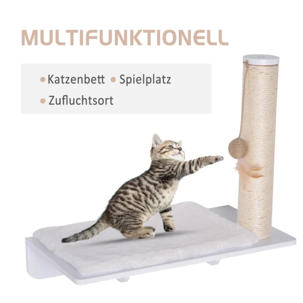  Kattenligstoel Met Krabpaal, 53 Cm Kattenplank Met Balspeelgoed, Pluche Pad, Kattenkrabpaal, Kattenzuil, Wit 4