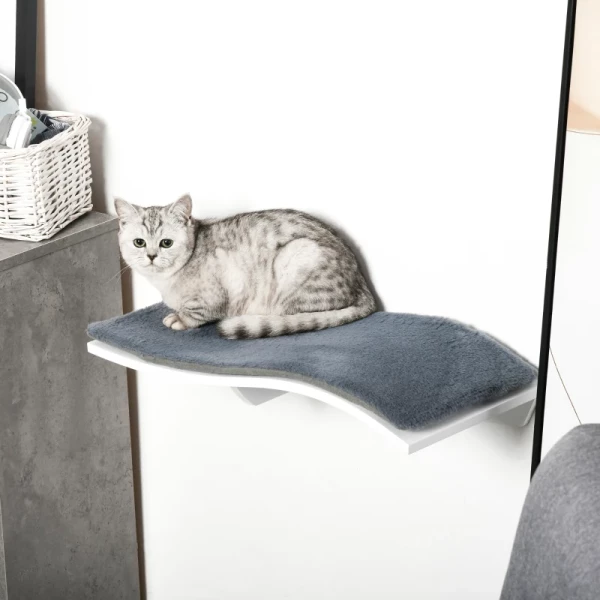  Kattenmand Kattenligstoel Kattenwandligstoel Kattenplank Wandmontage Pluche MDF Grijs+wit 53 X 28 X 12 Cm 2