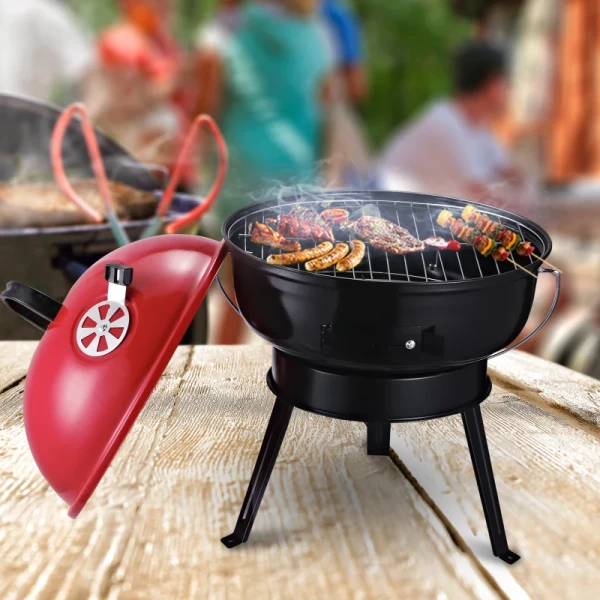  Ketelgrill Houtskoolgrill Windscherm Statiefvoet Camping Picknick Draagbaar Metaal Zwart + Rood Ø36,5 X 54 Cm 2