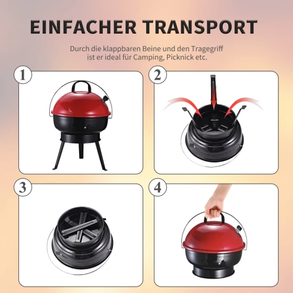  Ketelgrill Houtskoolgrill Windscherm Statiefvoet Camping Picknick Draagbaar Metaal Zwart + Rood Ø36,5 X 54 Cm 6