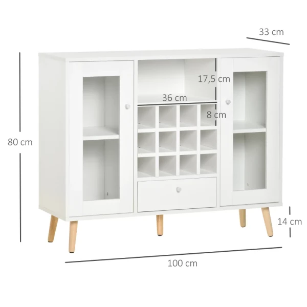  Keukenkast Dressoir Keukenmeubel Met Glazen Deuren Lade En 12-flessen Wijnrek Voor Eetkamer Keuken Spaanplaat Hardhout Wit 100 X 33 X 80 Cm 3