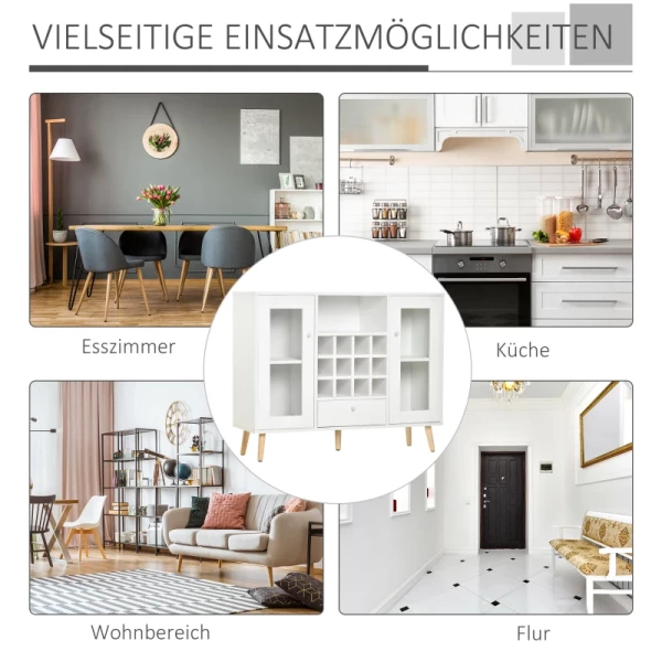  Keukenkast Dressoir Keukenmeubel Met Glazen Deuren Lade En 12-flessen Wijnrek Voor Eetkamer Keuken Spaanplaat Hardhout Wit 100 X 33 X 80 Cm 6