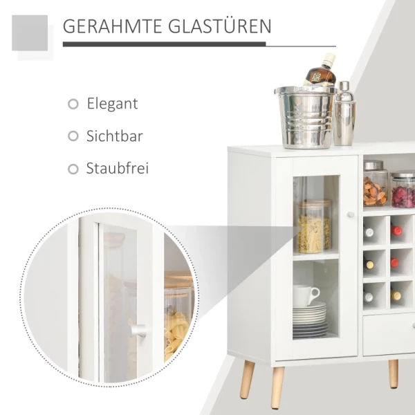  Keukenkast Dressoir Keukenmeubel Met Glazen Deuren Lade En 12-flessen Wijnrek Voor Eetkamer Keuken Spaanplaat Hardhout Wit 100 X 33 X 80 Cm 7