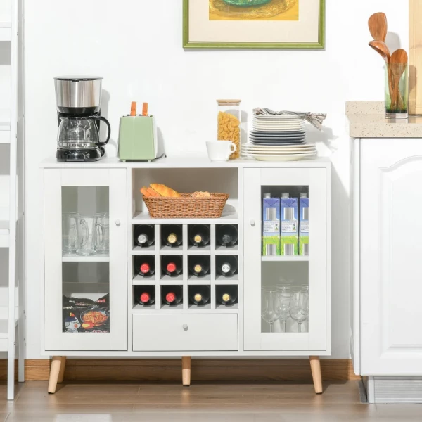  Keukenkast Dressoir Keukenmeubel Met Glazen Deuren Lade En 12-flessen Wijnrek Voor Eetkamer Keuken Spaanplaat Hardhout Wit 100 X 33 X 80 Cm 10