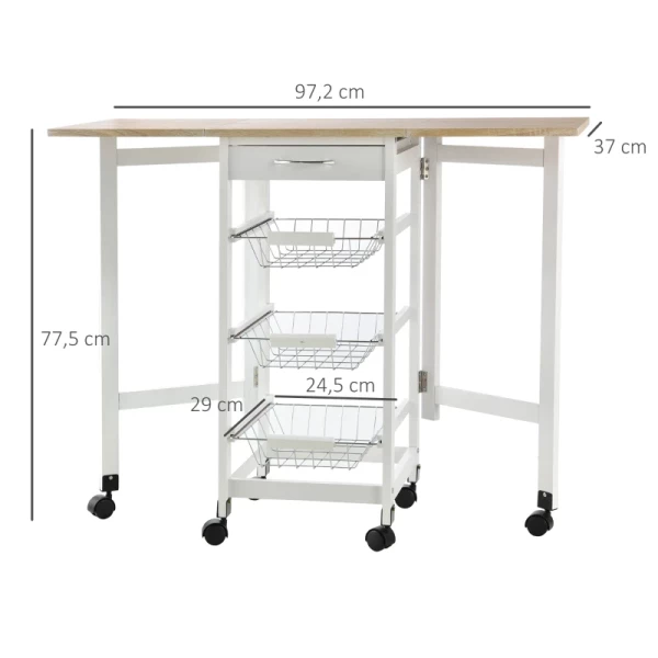  Keukentrolley, Opvouwbaar, Trolley, Serveerwagen, Lade Met 3 Manden, 6 Universele Wielen Voor Keukens, Naturel + Wit, 97,2 X 37 X 77,5 Cm 3