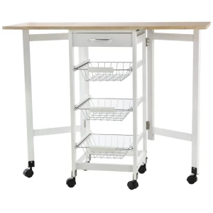  Keukentrolley, Opvouwbaar, Trolley, Serveerwagen, Lade Met 3 Manden, 6 Universele Wielen Voor Keukens, Naturel + Wit, 97,2 X 37 X 77,5 Cm 1