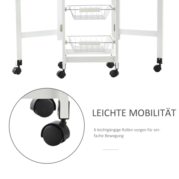  Keukentrolley, Opvouwbaar, Trolley, Serveerwagen, Lade Met 3 Manden, 6 Universele Wielen Voor Keukens, Naturel + Wit, 97,2 X 37 X 77,5 Cm 5