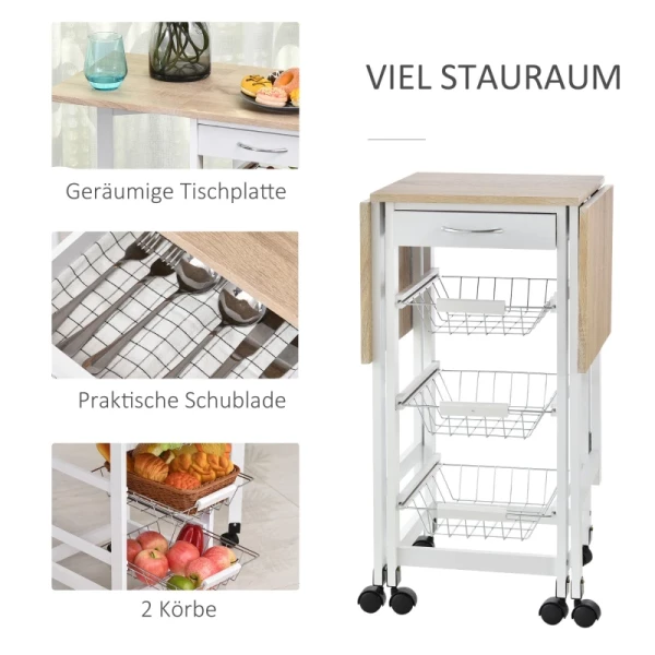  Keukentrolley, Opvouwbaar, Trolley, Serveerwagen, Lade Met 3 Manden, 6 Universele Wielen Voor Keukens, Naturel + Wit, 97,2 X 37 X 77,5 Cm 6