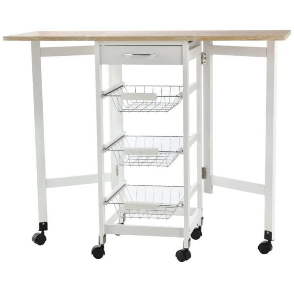 Keukentrolley, Opvouwbaar, Trolley, Serveerwagen, Lade Met 3 Manden, 6 Universele Wielen Voor Keukens, Naturel + Wit, 97,2 X 37 X 77,5 Cm 1