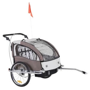  Kinderaanhanger Fietskar Met Vlag Fietskar Voor 2 Kinderen Regenbescherming Ademend Opvouwbaar Oxford Stof Creme 155 X 88 X 108 Cm 1