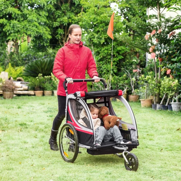  Kinderfietskar, 2-in-1, Joggerfunctie, Weerbestendig Zeildoek, Stalen Frame, Rood+zwart, 142 X 75 X 101cm 2