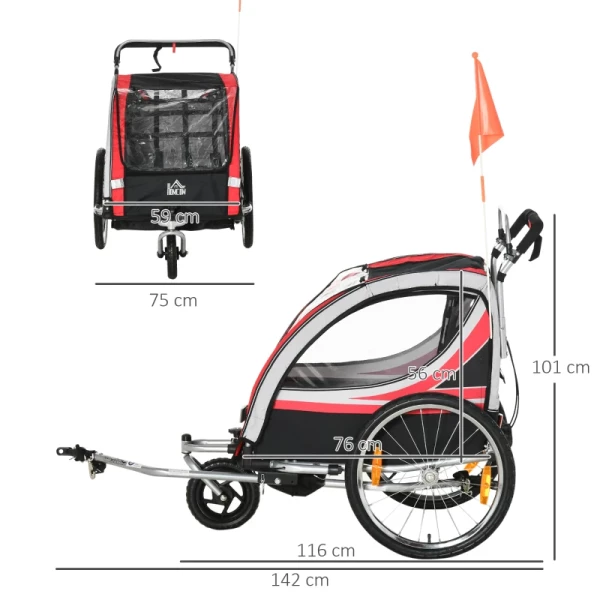  Kinderfietskar, 2-in-1, Joggerfunctie, Weerbestendig Zeildoek, Stalen Frame, Rood+zwart, 142 X 75 X 101cm 3