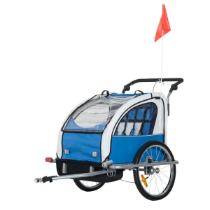  Kinderfietskar Met Vlag Fietskar Voor 2 Kinderen Regenbescherming Ademend Opvouwbaar Oxford Stof Blauw 155 X 88 X 108 Cm 1