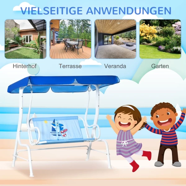  Kinderhangmat 2-zits Kinderschommel Met Verstelbaar Schuifdak Tuinschommel Voor 3-6 Jaar Kinderen Metaal Blauw 110 X 74 X 113 Cm 6