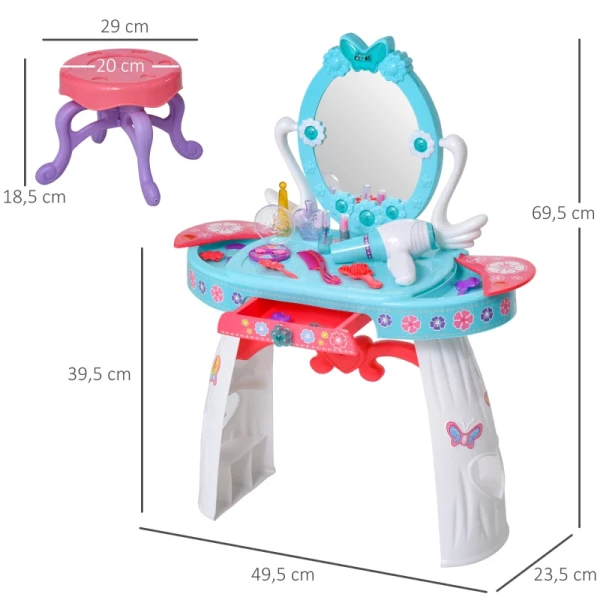  Kinderkaptafel Met Kruk 5 Muziekstukken Licht Meisje Make-upspiegel Infraroodsensor Blauw 49,5x23,5x69,5 Cm 3
