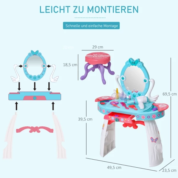  Kinderkaptafel Met Kruk 5 Muziekstukken Licht Meisje Make-upspiegel Infraroodsensor Blauw 49,5x23,5x69,5 Cm 7