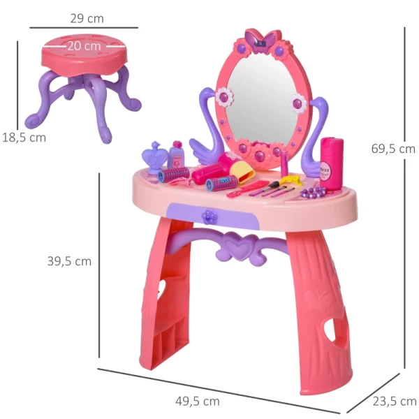 Kinderkaptafel Met Kruk 5 Muziekstukken Licht Meisje Make-upspiegel Infraroodsensor Roze 49,5x23,5x69,5 Cm 3