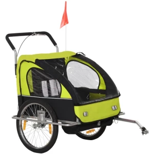  Kinderkar Fietskar Kinderfietskar Voor 2 Kinderen Met Vlag Regenbescherming Ademend Staal Groen + Zwart 142 X 85 X 105 Cm 1
