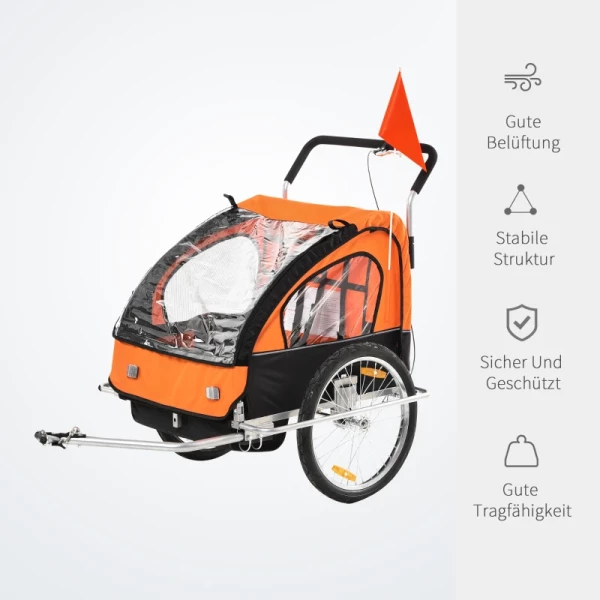 Kinderkar Fietskar Kinderfietskar Voor 2 Kinderen Met Vlag Regenbescherming Ademend Staal Oranje + Zwart 142 X 85 X 105 Cm 5