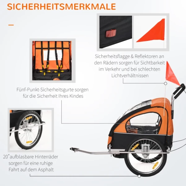  Kinderkar Fietskar Kinderfietskar Voor 2 Kinderen Met Vlag Regenbescherming Ademend Staal Oranje + Zwart 142 X 85 X 105 Cm 7