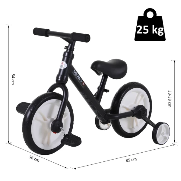  Kinderloopfiets, Loopfiets, Kinderfiets, 2-in-1, Kinderfiets Met Zijwieltjes En Pedalen, 2-5 Jaar, Zithoogte Verstelbaar, PP, Zwart, 85 X B36 X H54 Cm 3